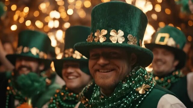 Joyful irish celebration with men in green hats and shamrocks. Saint Patrick's Day, St Paddy's Day, St Patty's Day - Irish National Holiday and Cultural Celebration