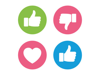 Obraz premium Social media reaction icons set including like, dislike, and heart symbols in colorful circles
