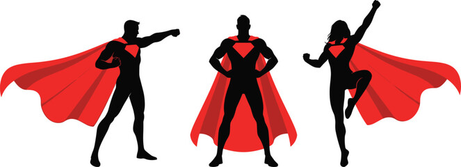 Three superheroes in black and red poses black silhouettes red capes comic book style superhero poses © Riyaj Vector Valley