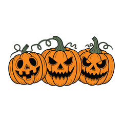 Three orange jack o lanterns with carved faces displayed in a row © firoj