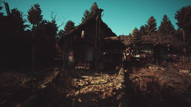 Geographer mapping rural landscape features, Spacious valley dotted with isolated stone dwellings, Open valley with scattered stone homes under clear blue sky