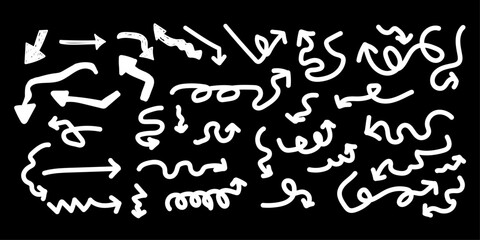 White squiggly lines and arrows on a black background