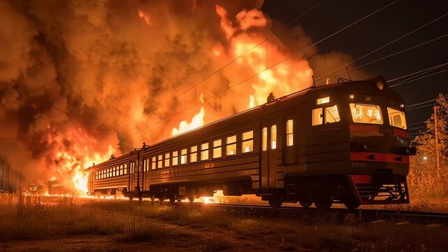 Train Engulfed in Massive Fire at Night Emergency Transportation Disaster