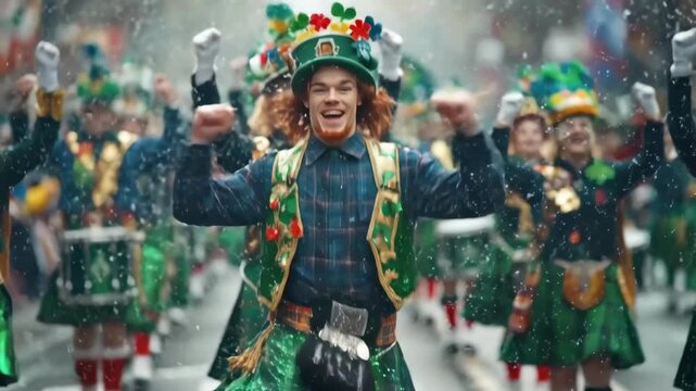 Young caucasian man celebrating in festive st. patrick's day parade attire. Saint Patrick's Day, St Paddy's Day, St Patty's Day - Irish National Holiday and Cultural Celebration