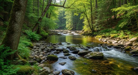 Obraz premium Serene Forest Stream Flowing Through Lush Green Woods.