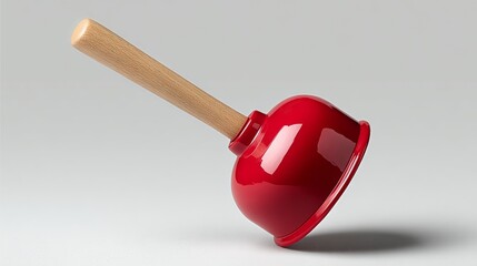 A red plunger with a wooden handle is on a white background. The plunger is upside down and he is in a playful or whimsical mood