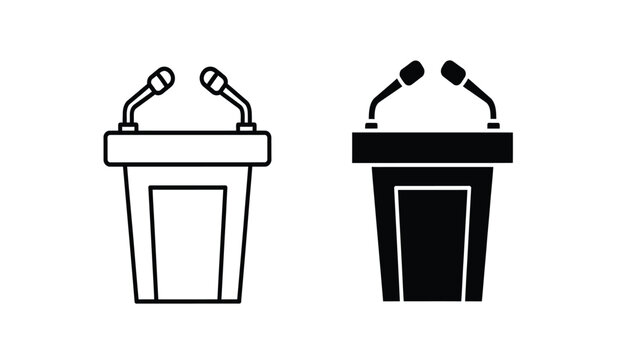 Two podiums with microphones on top for public speaking events in black and white