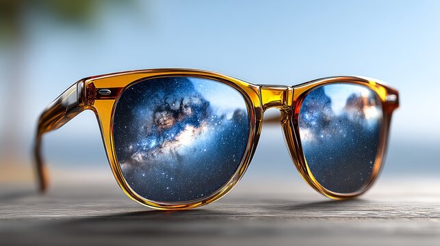 A pair of sunglasses with a reflection of the Milky Way in the lenses. Concept of wonder and awe at the vastness of the universe