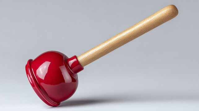 A red plunger with a wooden handle. The plunger is sitting on a white surface