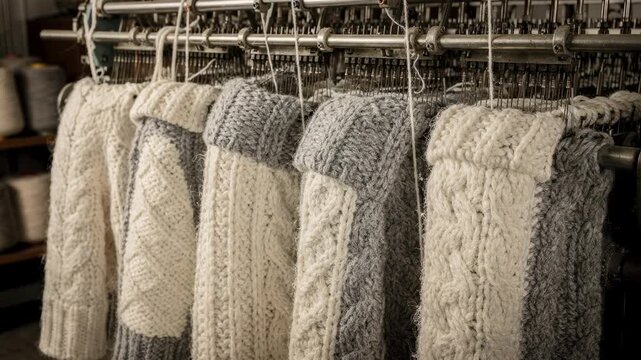 Medium shot of coarsegauge knitting machines crafting heavy fishermans style sweaters with thick yarn capturing the intricate stitches and robust texture of each panel.