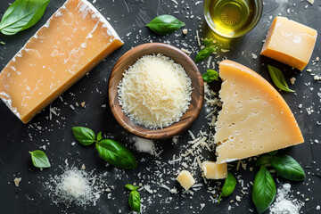 parmesan variety of hard cheese on table top view