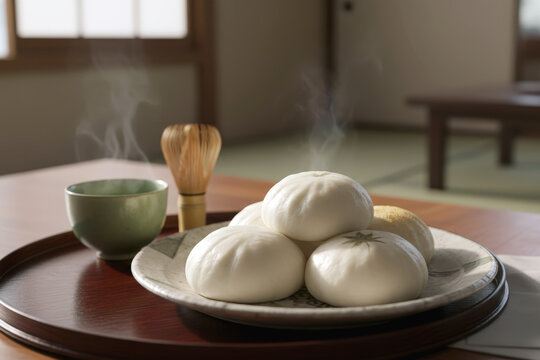 Steamed Japanese Manju buns with sweet bean paste filling. Ideal for culinary, cultural, and dessert-themed projects.