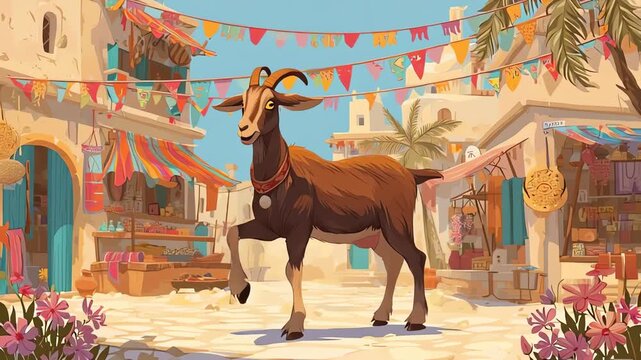 Stylized Goat Standing in Colorful Festival Marketplace