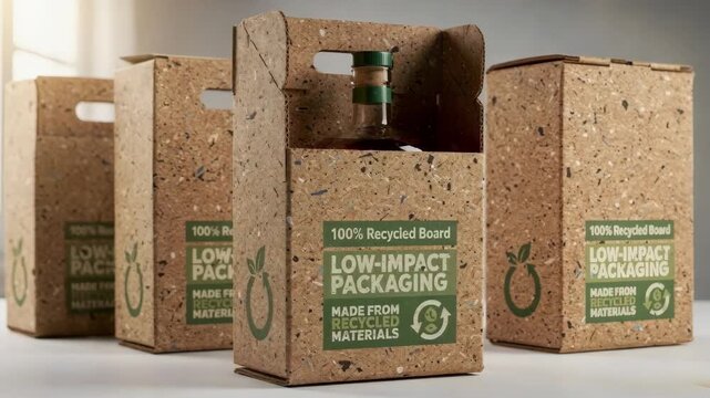 Medium shot featuring spirits encased in sturdy recycled board cartons emphasizing durability and recycled content with clear environmental messaging.