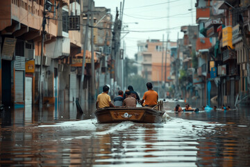 people sail on boat in flooded city after flood