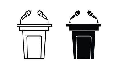 Two podiums with microphones in black and white line art style for presentations or speeches