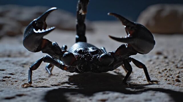 Close-up of a black scorpion with raised tail walking on sandy desert ground