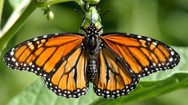 Close-up of a chrysalis hanging from a green plant stem, undergoing metamorphosis.