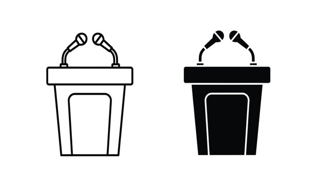 Two podiums with microphones in black and white line art style for presentations or speeches