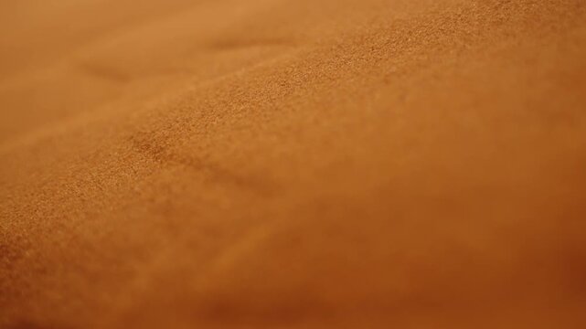 Cinematic close-up shot of golden sand dunes during sunset. The wind gently blows fine sand grains across the ridges, creating shifting ripples and a sense of motion.