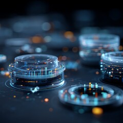 Digital urban skyline visualization with glowing blocks and technology image