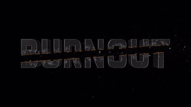 Orange crossfire streak animation slicing through &ldquo;BURNOUT&rdquo; text with flying particles and glowing melt trail, transparent BG with alpha channel, ideal overlay for health and stress awareness content