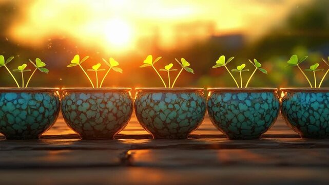 Five green clover plants in ceramic pots at sunset in a row. Saint Patrick's Day, St Paddy's Day, St Patty's Day - Irish National Holiday and Cultural Celebration