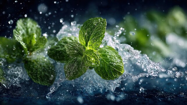 Fresh Green Mint Leaves Splash and Water Drops Close Up Still Life