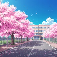 桜並木の春の学校