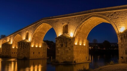 Obraz premium ancient stone arch bridge illuminated at night with warm lights reflecting on river