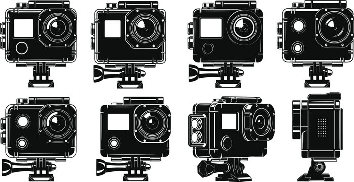 Action camera silhouettes, GoPro style, adventure gear, extreme sports equipment, videography tools, helmet mount, tripod mount, outdoor filming devicesAction camera silhouettes, GoPro style, 