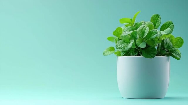 Fresh green mint plant in white pot on turquoise background. Saint Patrick's Day, St Paddy's Day, St Patty's Day - Irish National Holiday and Cultural Celebration