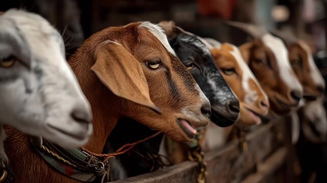Diverse Goats Lined Up in a Row at Livestock Farm or Market