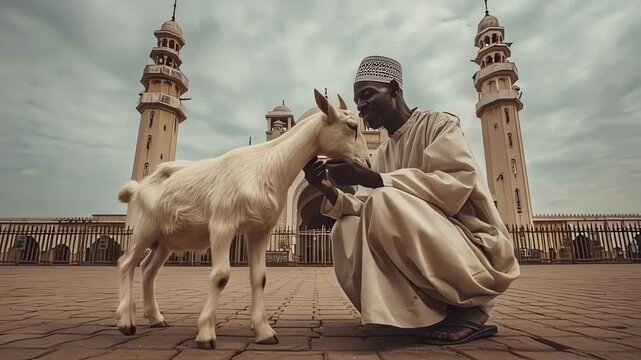 African Man and Goat Kid at Mosque during Eid Al Adha Sacrifice Tradition