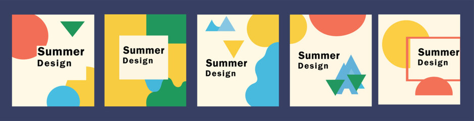 Set of minimalist summer design posters featuring geometric shapes and bold colors for social media templates and creative banners