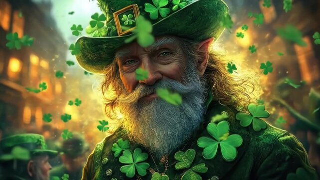 Elderly caucasian man in green hat celebrating st. patrick's day with shamrocks on a festive street. Saint Patrick's Day, St Paddy's Day, St Patty's Day Irish National Holiday and Cultural Celebration
