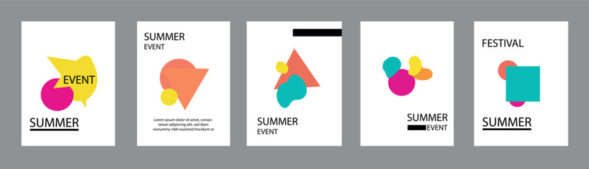 Collection of summer event flyers with abstract colorful blobs and geometric icons for festival promotion and creative branding