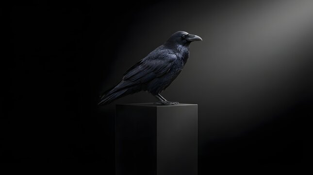 A black raven perches on a pedestal against a dark background with a spotlight shining down.