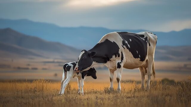 Cow and Calf Tender Moment in Rural Field Landscape
