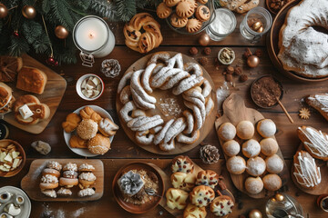 various sweet pastries on the festive table top view