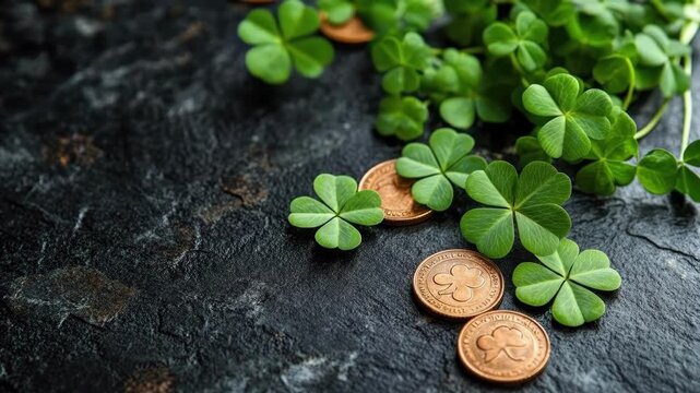 Lucky shamrocks and coins on dark textured surface. Saint Patrick's Day, St Paddy's Day, St Patty's Day - Irish National Holiday and Cultural Celebration