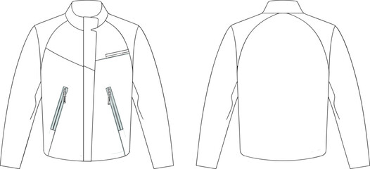 Technical fashion flat sketch of sporty zip jacket with stand collar, raglan sleeves, zipper pockets, minimalist casual outerwear front back views © Nur