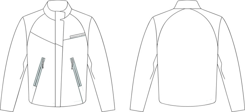 Technical fashion flat sketch of sporty zip jacket with stand collar, raglan sleeves, zipper pockets, minimalist casual outerwear front back views