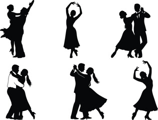 Obraz premium Silhouette dancing couples illustration, formal attire vector design, elegant partner dance poses, expressive movement icon, ballroom performance art, coordinated choreography dancing couples 