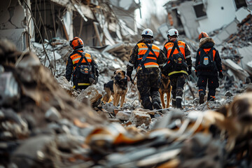 rescue team with dog on ruins of house
