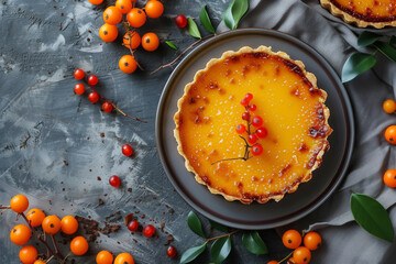 buckthorn creme brulee in tartlet on table top view