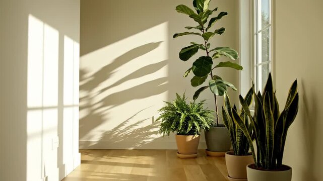 Time lapse of morning sunlight casting moving shadows across a minimalist room. Interior scene with potted houseplants like a fiddle leaf fig showing the peaceful passage of time