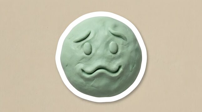 A round, muted green plasticine emoji face expressing an uneasy or worried feeling, captured with a claymation texture on a simple beige background.