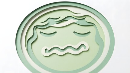Fototapeta premium Circular layered paper cut art of a sick face expressing nausea in soft pastel green, isolated with a minimalist 3d technique on a clean white background.