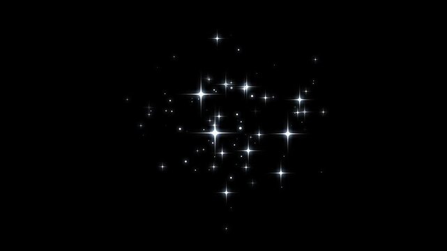 Twinkle sparkle stars effect overlay, glitter sparkle shine stars trail burst, magic particle starburst, white twinkling particles animation, 2D flat sparkle effect overlay on black screen. 4k